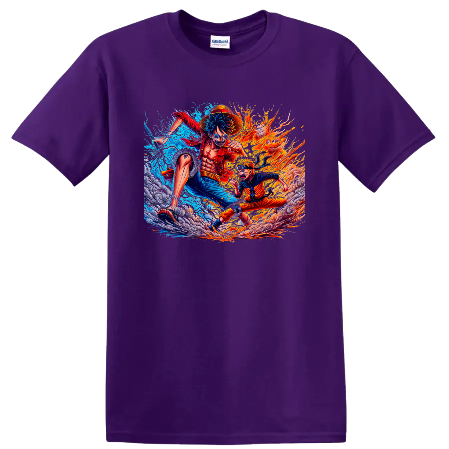 Monkey D. Luffy and Naruto Uzumaki in fiery water anime battle artwork on a Purple T Shirt