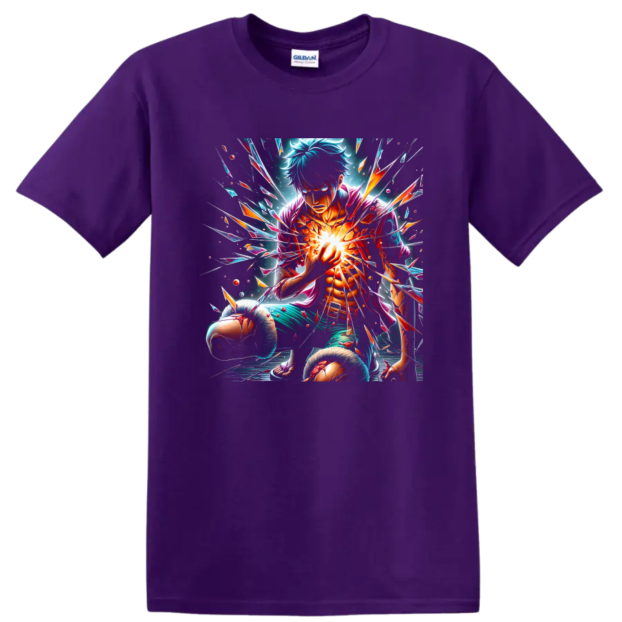 Monkey D. Luffy energy burst with shattered-glass anime action art on a Purple T Shirt