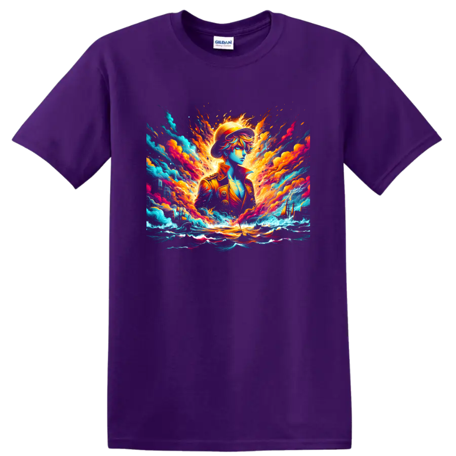 Monkey D. Luffy anime pirate in fiery ocean waves and colorful sailing ship art on a Purple T Shirt
