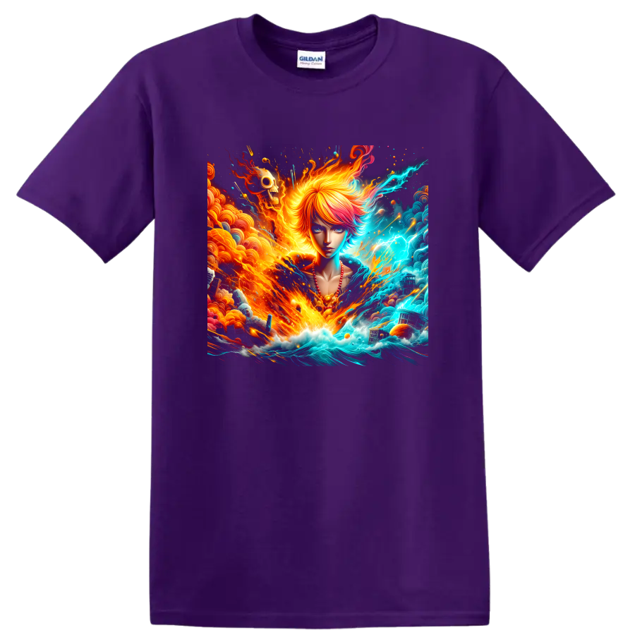 Anime-style fantasy girl with fiery waves, electric ocean energy, and surreal skull art on a Purple T Shirt