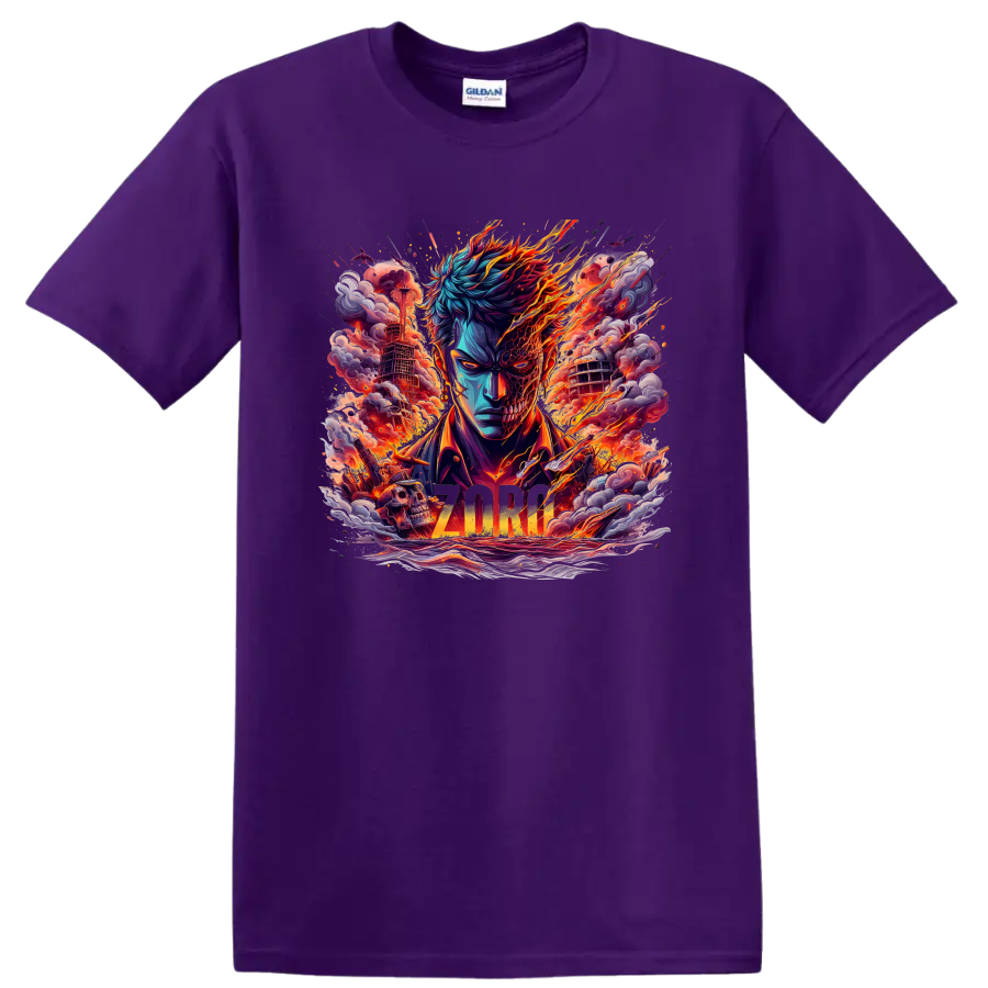 Roronoa Zoro fiery anime swordsman graphic with flames, smoke, swords, and ZORO text on a Purple T Shirt