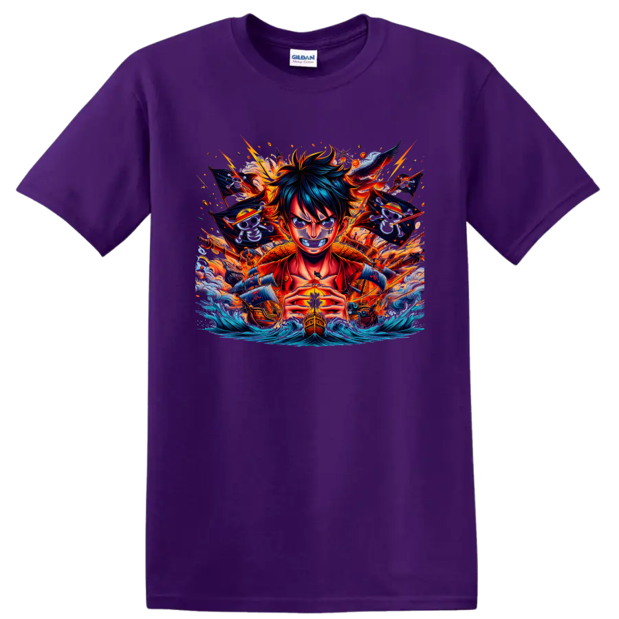 Monkey D. Luffy anime pirate graphic with ships, skull flags, fire, and ocean waves on a Purple T Shirt