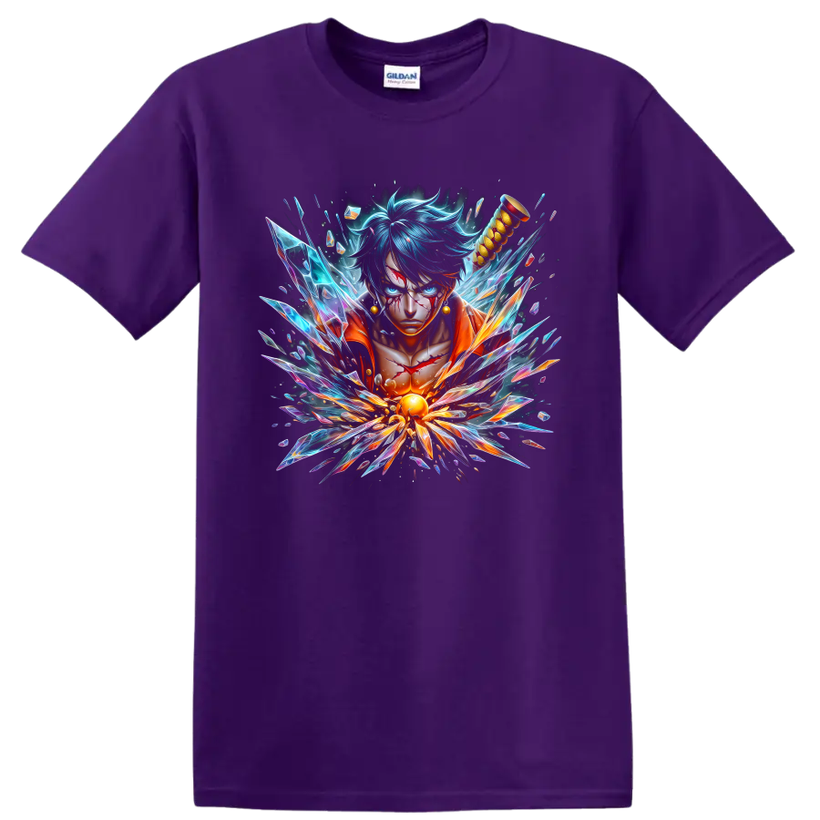 Monkey D. Luffy Gear 5 Sun God Nika anime portrait with explosive crystal shards on a Purple T Shirt