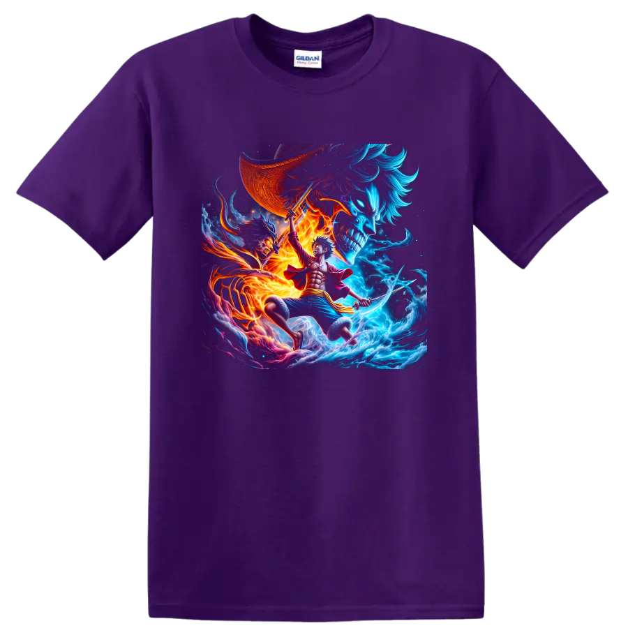 Monkey D. Luffy Gear 5 anime pirate battle graphic with fiery waves and skull imagery on a Purple T Shirt