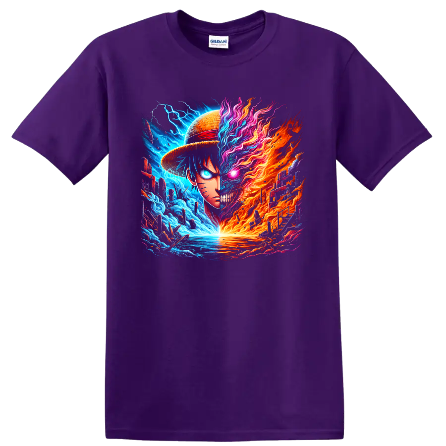 Naruto Uzumaki and Monkey D. Luffy split fire and water anime battle artwork on a Purple T Shirt