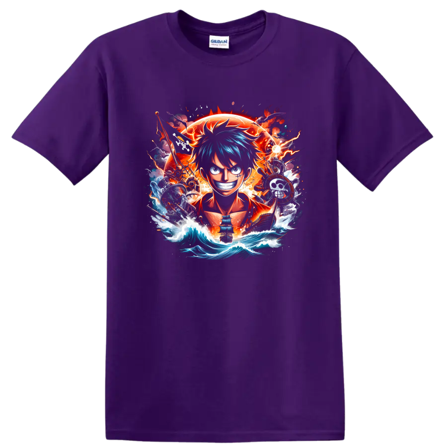 Monkey D. Luffy anime pirate graphic with ship, blazing sun, lightning, and ocean waves on a Purple T Shirt