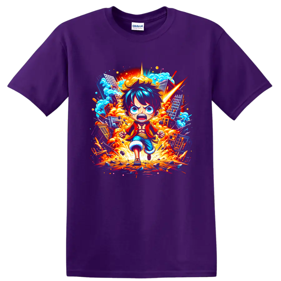 Monkey D. Luffy running through an explosive city in vivid anime action art on a Purple T Shirt