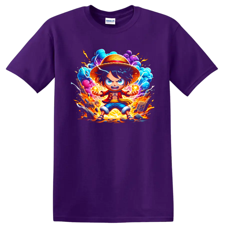Monkey D. Luffy straw hat anime action graphic with fire, lightning, and colorful clouds on a Purple T Shirt