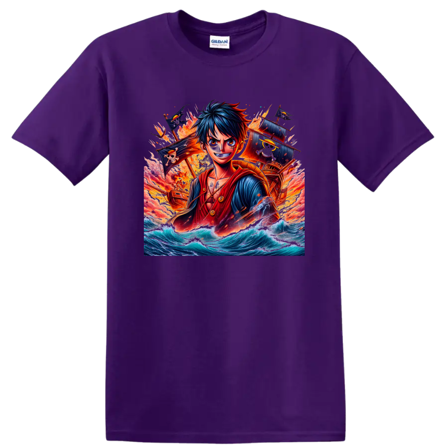 Monkey D. Luffy anime art with pirate ships, Jolly Roger flags, fire, and ocean waves on a Purple T Shirt