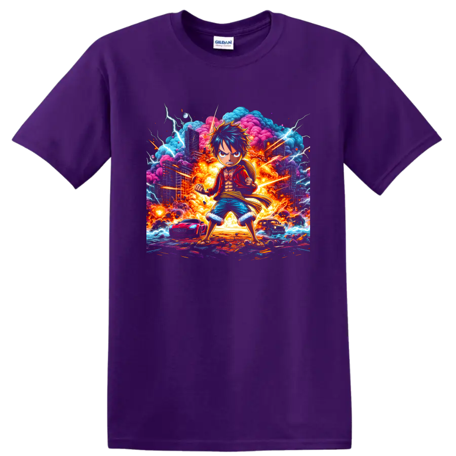 Monkey D. Luffy in explosive city anime art with lightning and fiery clouds on a Purple T Shirt
