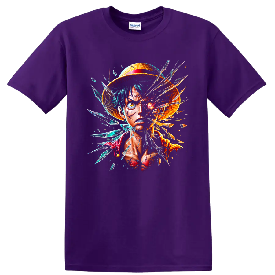 Monkey D. Luffy shattered-glass anime portrait with straw hat and crystal shards on a Purple T Shirt