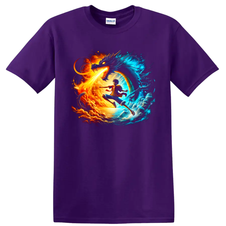 Monkey D. Luffy and Kaido One Piece fire and blue dragon battle graphic on a Purple T Shirt