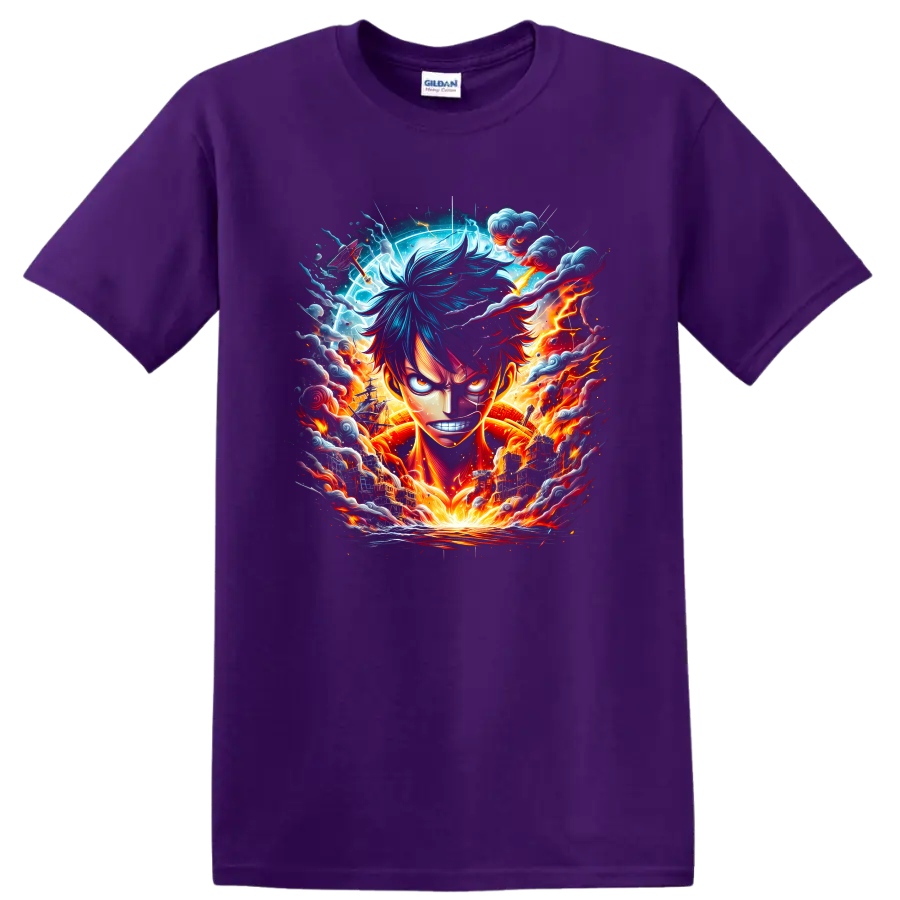 Monkey D. Luffy Bajrang Gun anime graphic with lightning, clouds, and fiery energy on a Purple T Shirt