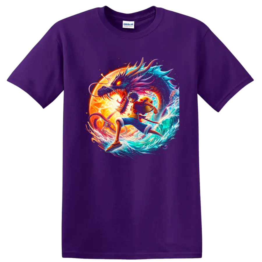 Monkey D. Luffy Gear 5 anime art with a dragon, glowing sun, and ocean waves on a Purple T Shirt