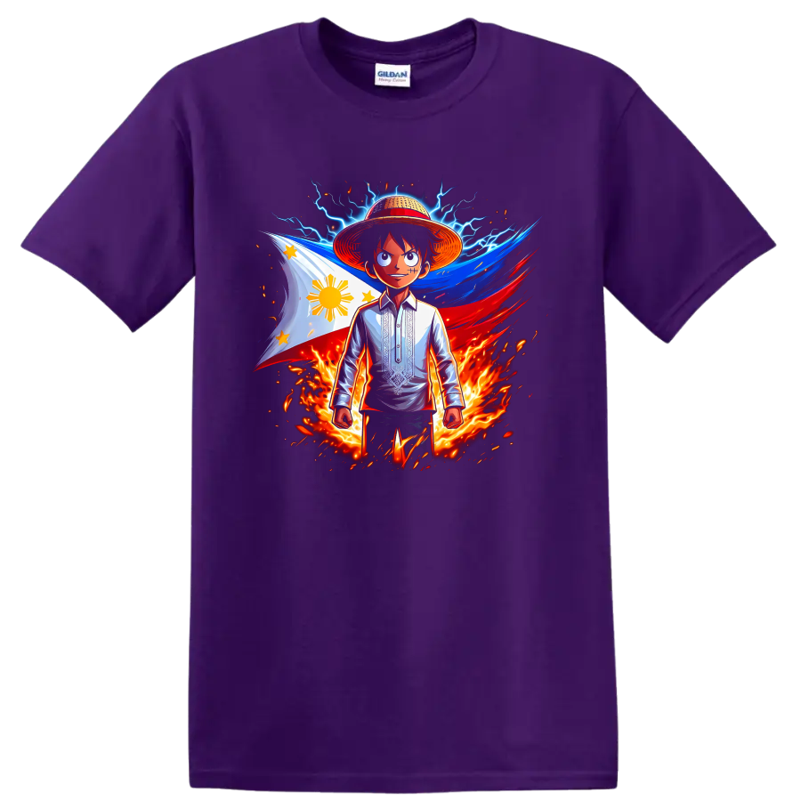 Monkey D. Luffy with Philippine flag, lightning, flames, and dynamic anime art on a Purple T Shirt