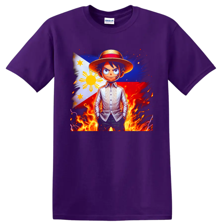 Monkey D. Luffy anime portrait with Philippine flag, straw hat, flames, and lightning on a Purple T Shirt