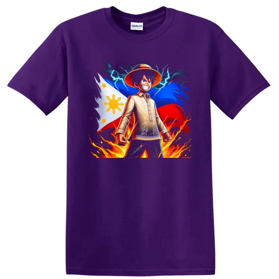 Monkey D. Luffy anime art with Philippine flag, lightning, storm clouds, and flames on a Purple T Shirt