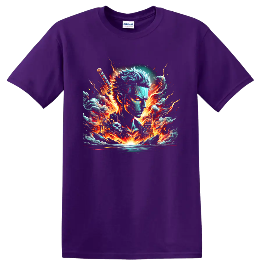 Roronoa Zoro anime swordsman portrait with katana, flames, waves, and lightning on a Purple T Shirt