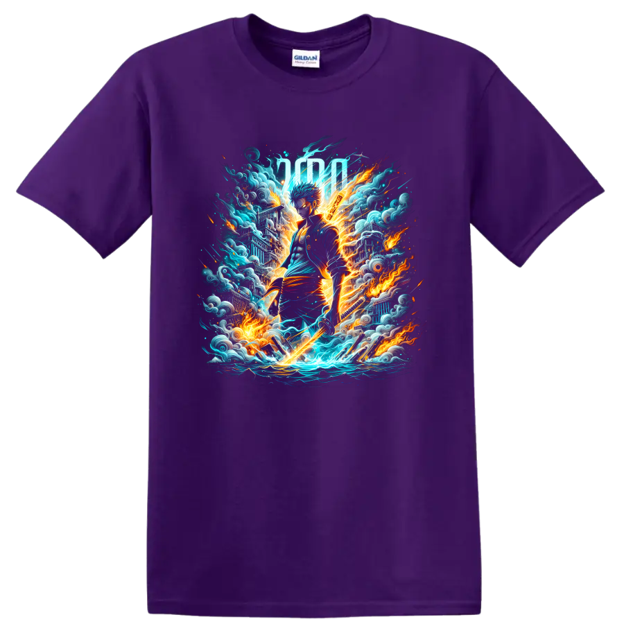Roronoa Zoro three-sword anime warrior with fiery waves and electric action art on a Purple T Shirt