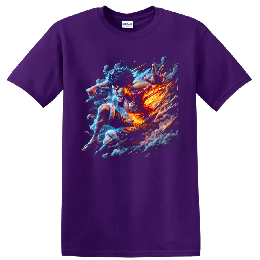 Monkey D. Luffy in fiery anime action with storm clouds and straw hat on a Purple T Shirt