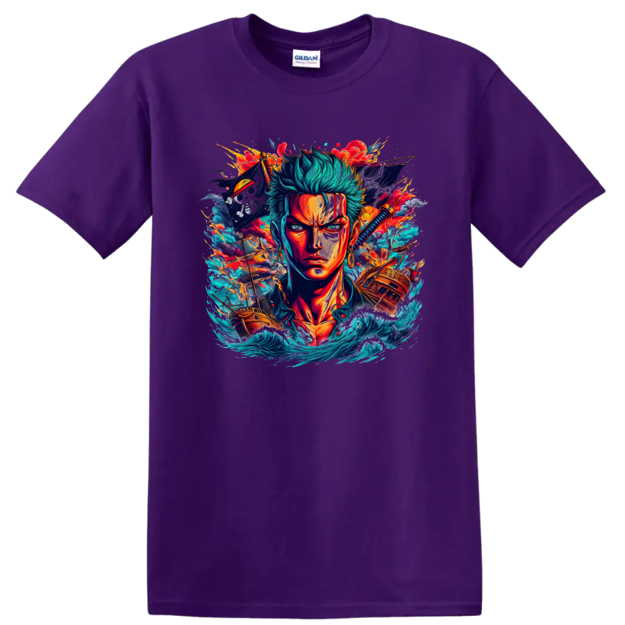 Roronoa Zoro anime portrait with pirate ships, katana, waves, and fiery battle effects on a Purple T Shirt