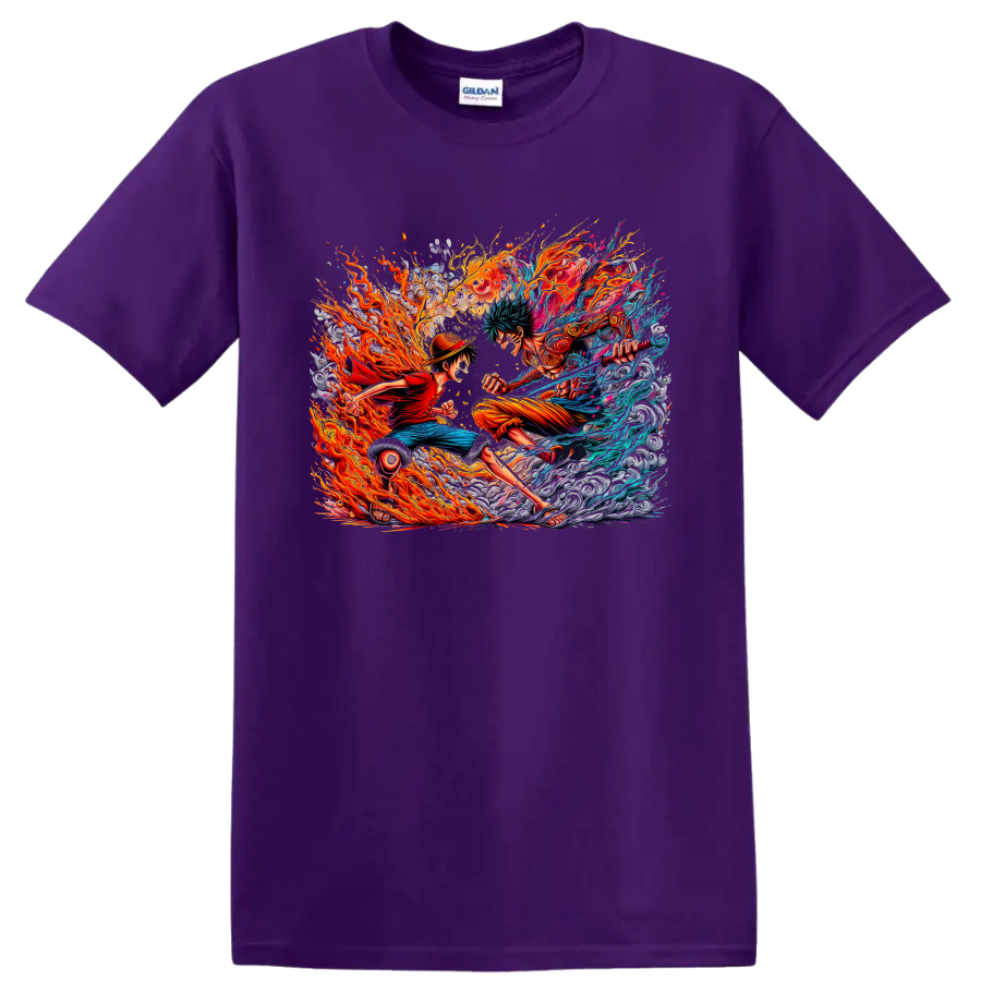 Monkey D. Luffy and Roronoa Zoro in explosive fire and water anime battle art on a Purple T Shirt