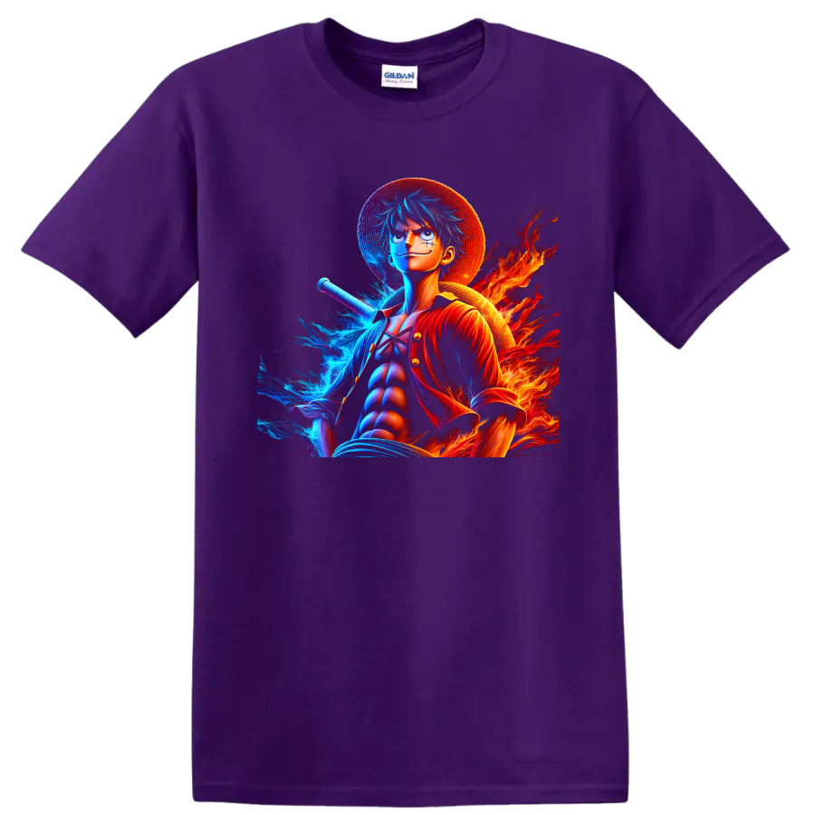 Monkey D. Luffy anime warrior graphic with straw hat, blue water energy, and flames on a Purple T Shirt