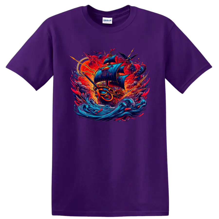 Thousand Sunny pirate ship in dynamic anime-style ocean storm artwork on a Purple T Shirt