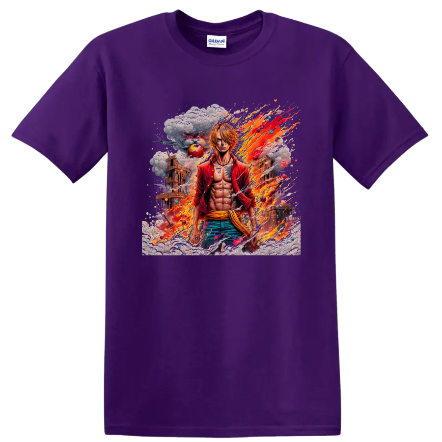 Sanji anime character in fiery action graphic with smoke and detailed scenery on a Purple T Shirt
