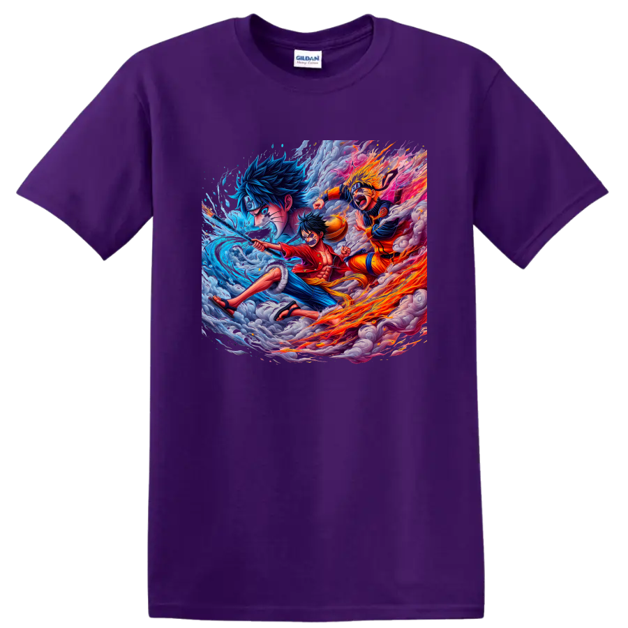 Monkey D. Luffy and Naruto Uzumaki anime action art with water, fire, and storm clouds on a Purple T Shirt