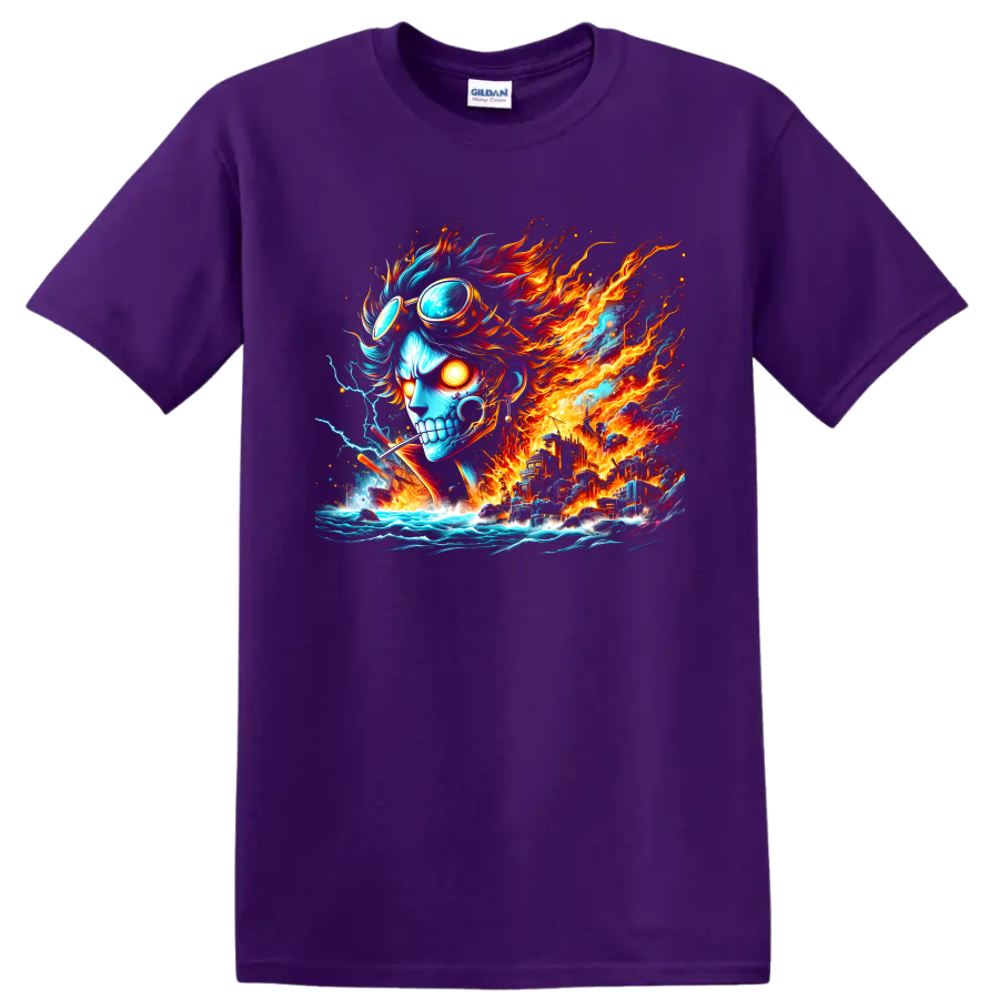 Sabo-inspired anime skull with goggles, flames, lightning, ocean waves, and fantasy city on a Purple T Shirt