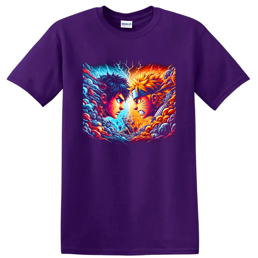 Naruto Uzumaki and Sasuke Uchiha anime rivalry art with lightning, waves, and flames on a Purple T Shirt
