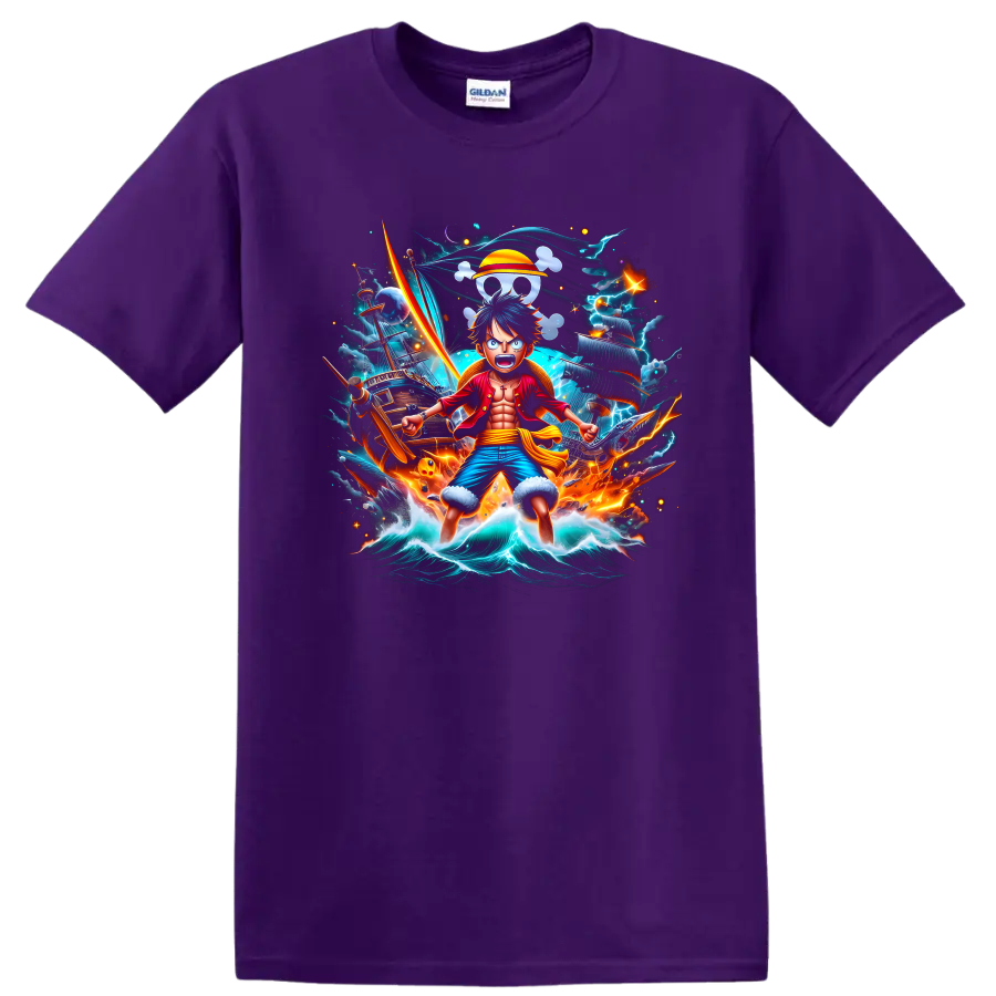 Monkey D. Luffy anime pirate graphic with ship, storm waves, lightning, and straw hat on a Purple T Shirt