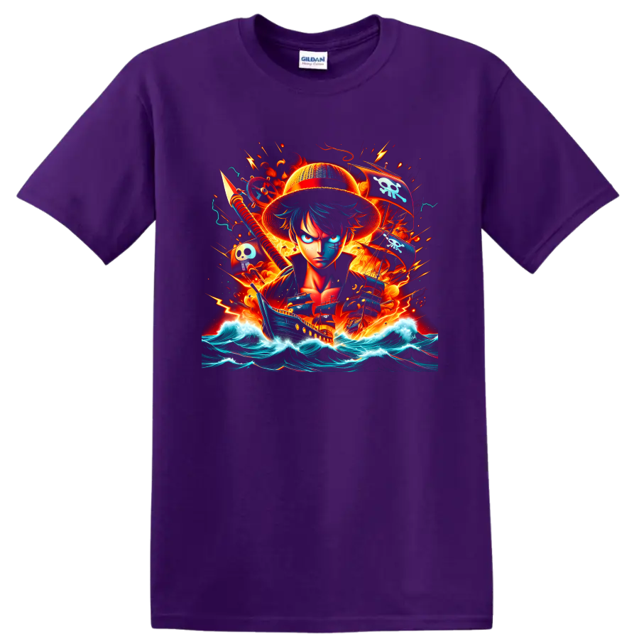 Monkey D. Luffy pirate action art with ship, skull flags, fire, and ocean waves on a Purple T Shirt