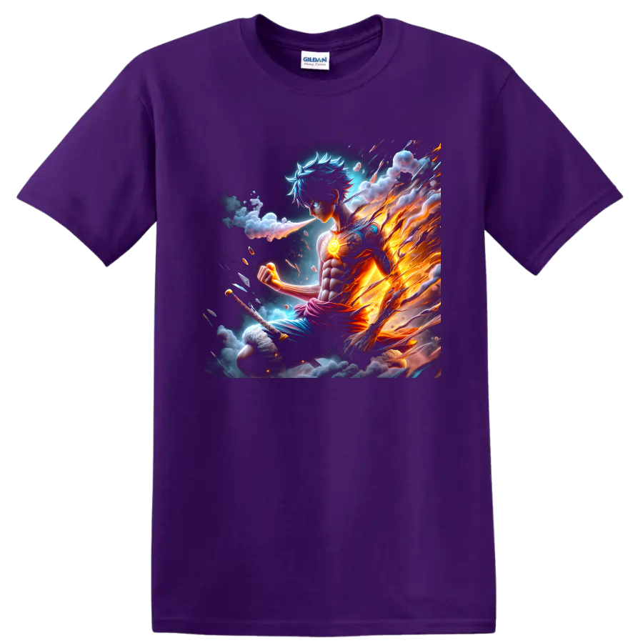 Monkey D. Luffy Gear 5 in a fiery blue and orange anime action illustration on a Purple T Shirt