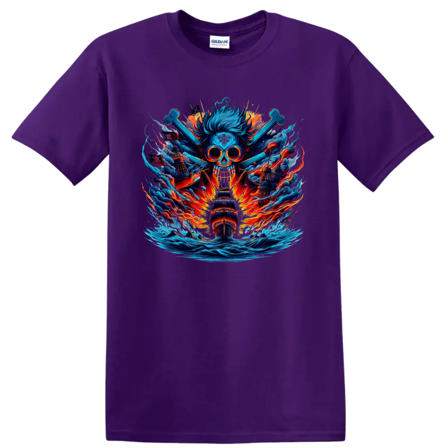 One Piece-inspired blue skull pirate ship with fiery waves in anime fantasy art on a Purple T Shirt