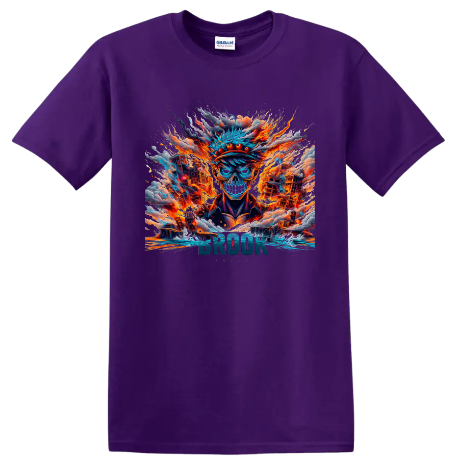 Brook skull character in fiery city anime art with BROOK text on a Purple T Shirt