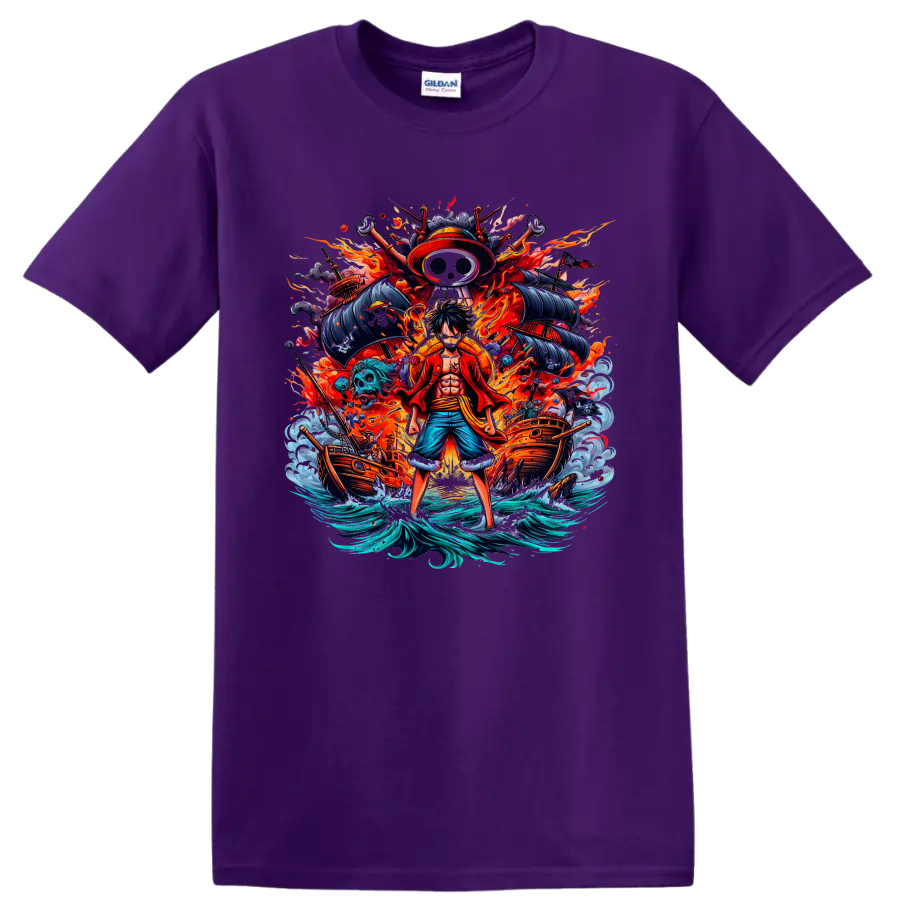 Monkey D. Luffy One Piece anime pirate graphic with ships, flames, and waves on a Purple T Shirt