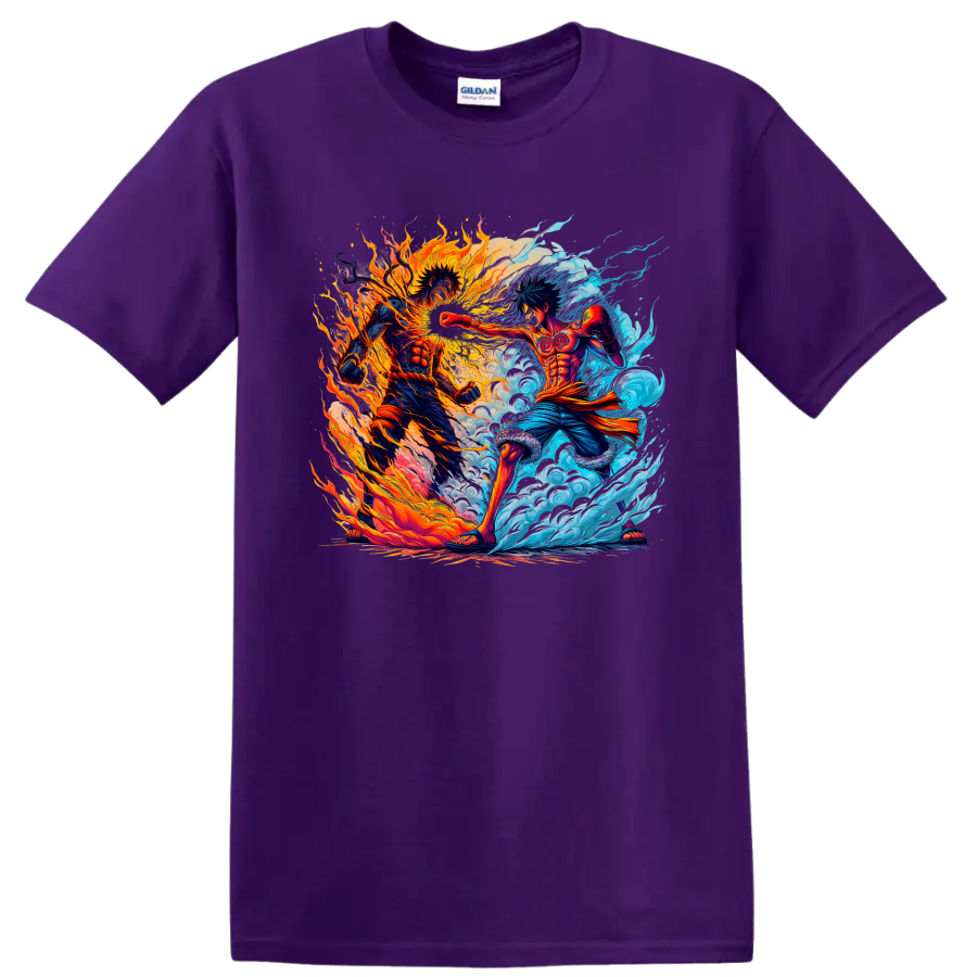 Monkey D. Luffy and Portgas D. Ace fire and water anime battle graphic on a Purple T Shirt