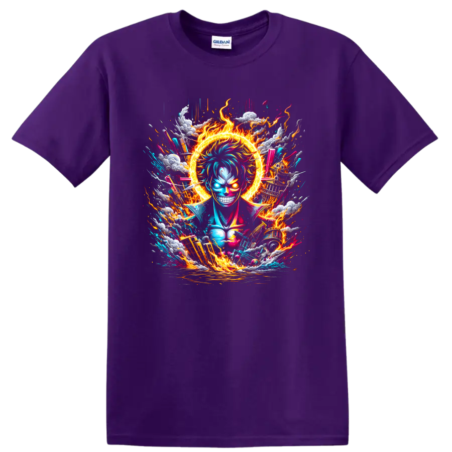 Monkey D. Luffy Gear 5 anime graphic with fiery halo, lightning, clouds, and waves on a Purple T Shirt