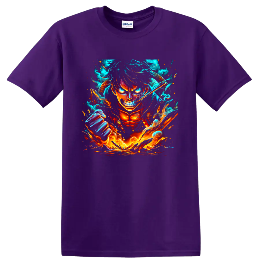 Monkey D. Luffy Bajrang Gun anime battle graphic with fiery energy and a raised fist on a Purple T Shirt