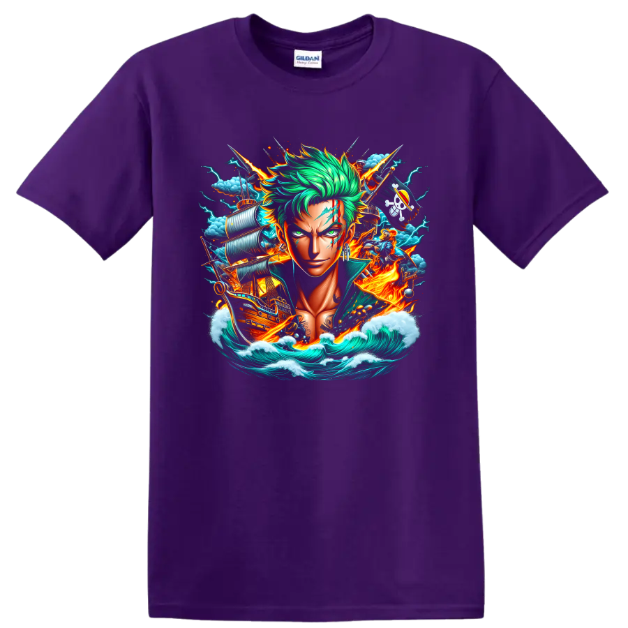 Roronoa Zoro anime portrait with swords, pirate ship, lightning, flames, and ocean waves on a Purple T Shirt