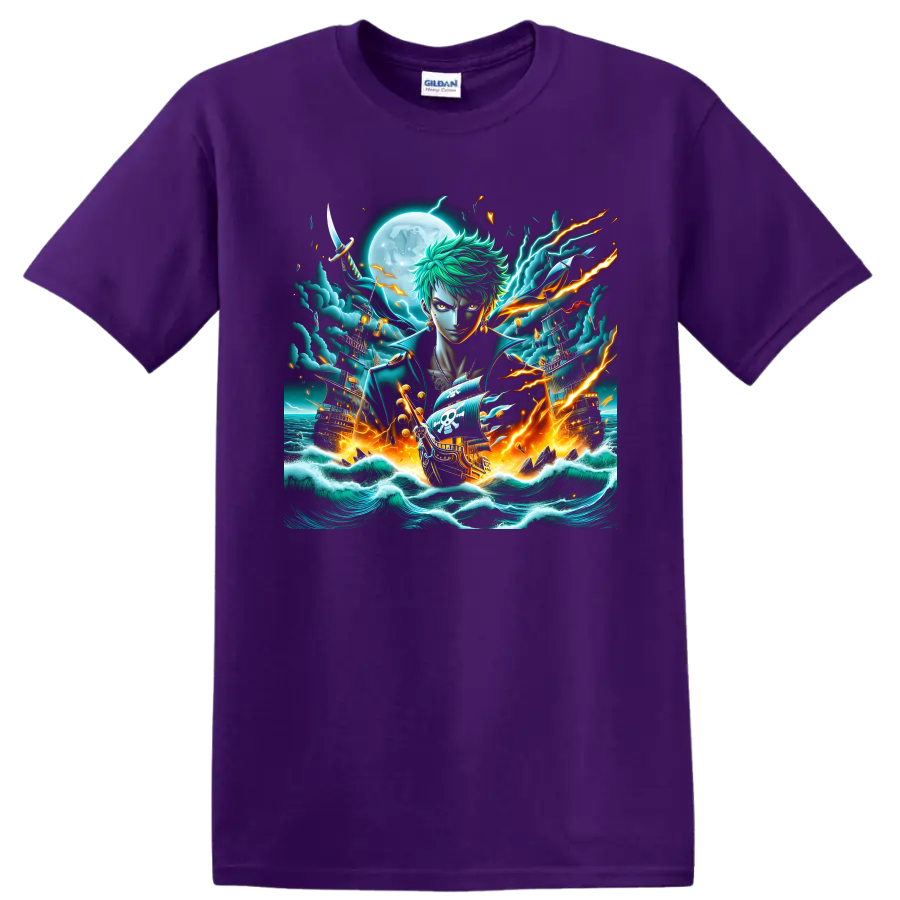 Roronoa Zoro anime art with pirate ships, moonlit waves, sword, and lightning on a Purple T Shirt