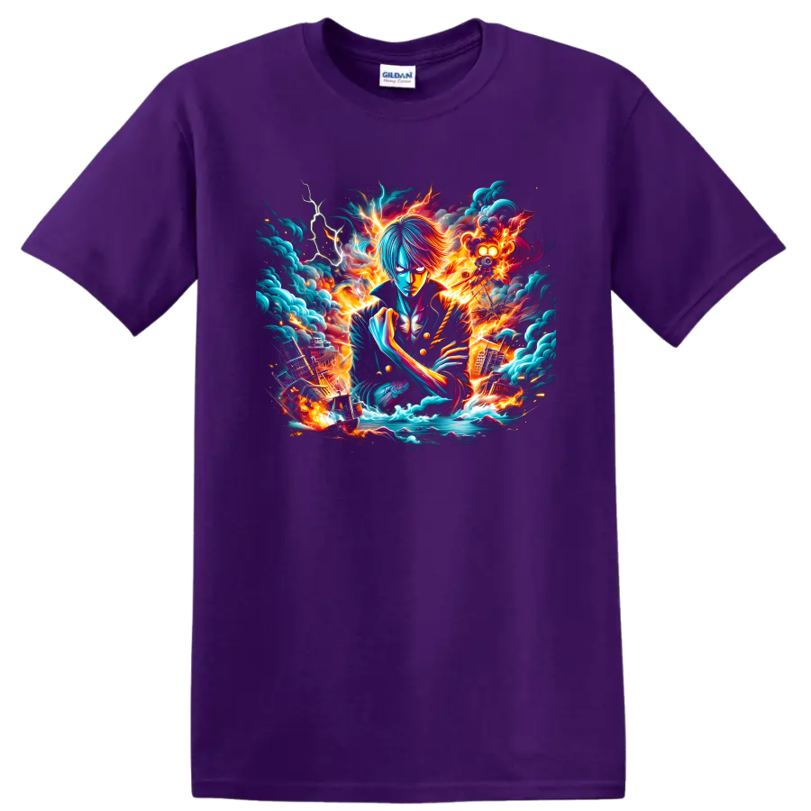 Sanji in fiery storm anime art with lightning, ocean waves, and a pirate ship on a Purple T Shirt