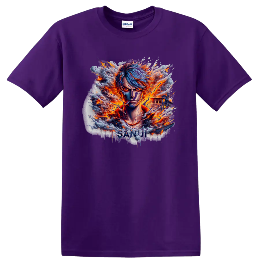 Sanji One Piece fiery anime portrait with burning ships and SANJI lettering on a Purple T Shirt
