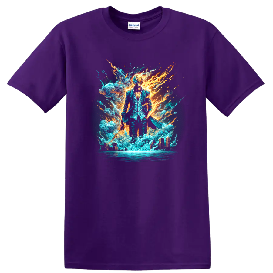 Sanji in a teal suit with fiery energy, ocean waves, and a glowing city on a Purple T Shirt