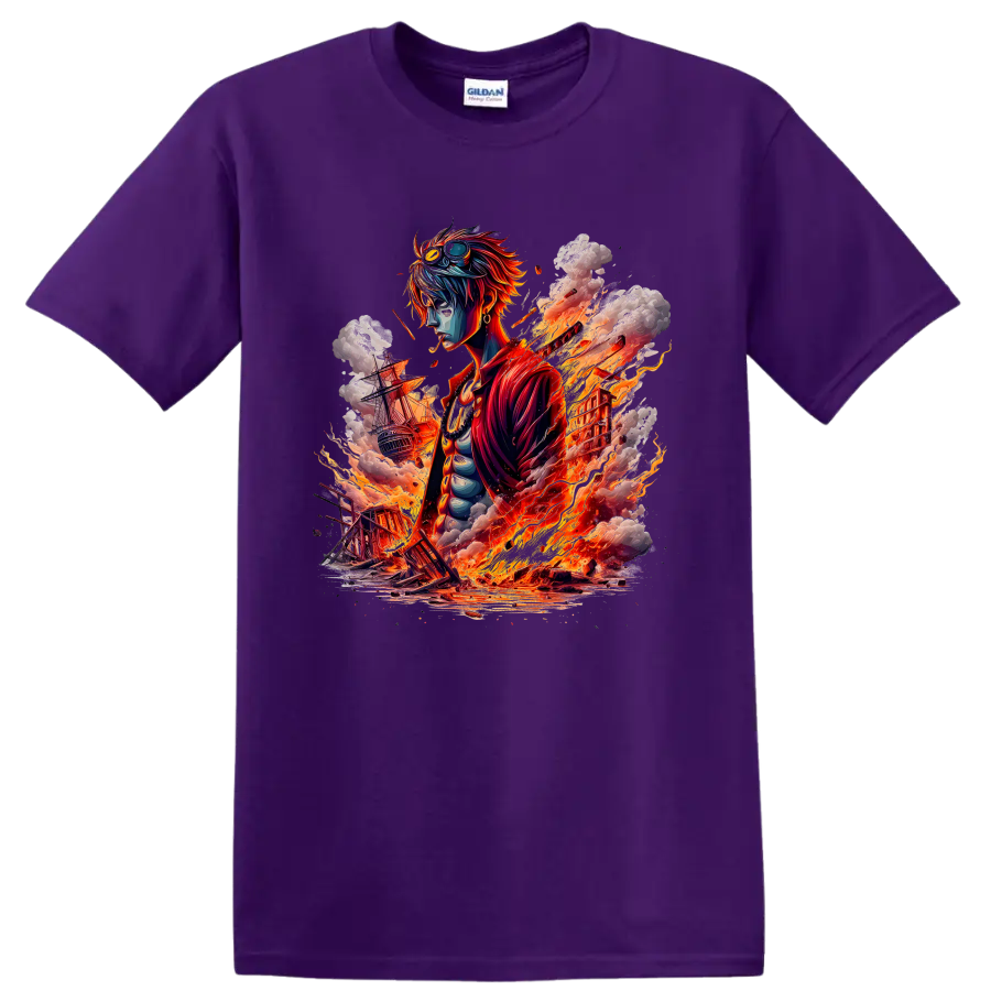 Sabo One Piece anime artwork with fire, smoke, and sailing ships on a Purple T Shirt