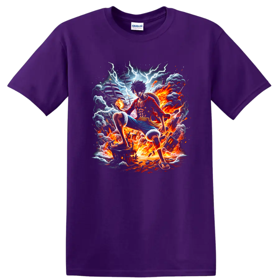 Monkey D. Luffy Gear 5 anime battle graphic with lightning, fire, and pirate ship on a Purple T Shirt