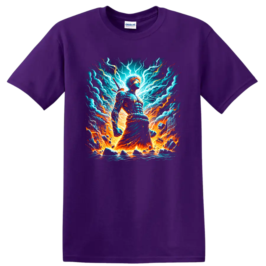 Ichigo Kurosaki in electric lightning and fire anime sword warrior graphic on a Purple T Shirt