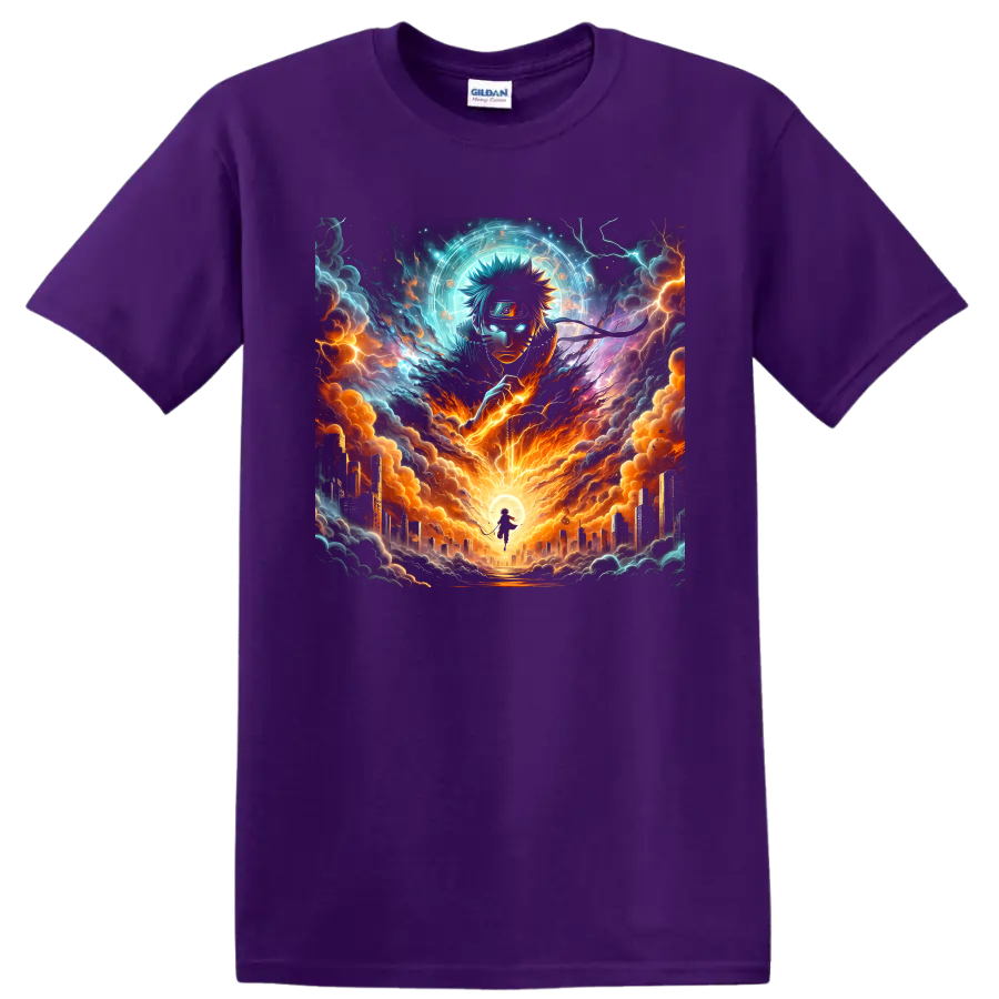 Naruto Uzumaki anime art with lightning, fiery storm clouds, glowing aura, and city on a Purple T Shirt